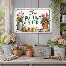 Load image into Gallery viewer, Rustic Potting Shed metal sign mounted on a garden shed wall
