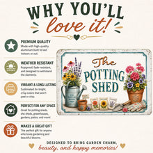 Load image into Gallery viewer, The Potting Shed sign feature graphic showing aluminum construction and garden decor benefits
