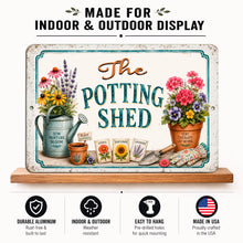 Load image into Gallery viewer, Decorative sign for 'The Potting Shed' with gardening elements and text about display options and product features.
