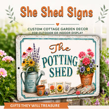 Load image into Gallery viewer, Decorative sign for 'The Potting Shed' with gardening elements and 'She Shed Signs' branding.
