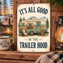 Load image into Gallery viewer, Trailer Hood camper sign displayed on a rustic wood shelf beside a lantern and campfire

