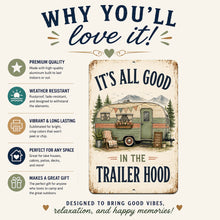 Load image into Gallery viewer, Why You’ll Love It graphic highlighting the Trailer Hood sign’s lightweight aluminum and easy hanging

