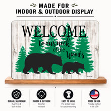 Load image into Gallery viewer, Welcome to Our Neck of the Woods rustic cabin sign with black bear and cub, showcasing durable aluminum construction for indoor and outdoor display with pre-drilled mounting holes.
