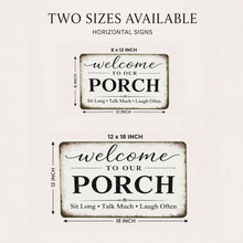 Load image into Gallery viewer, Size comparison chart for rustic farmhouse porch welcome sign showing available 8x12 inch and 12x18 inch aluminum sign options.
