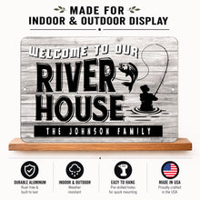 Load image into Gallery viewer, Personalized River House aluminum sign with custom family name, indoor and outdoor display, durable weather-resistant construction, and easy mounting.
