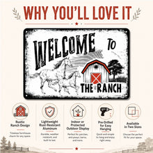 Load image into Gallery viewer, Welcome to the Ranch metal sign with rustic ranch design features and product benefits
