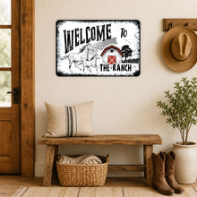 Load image into Gallery viewer, A rustic metal sign reading 'WELCOME TO THE RANCH' with a barn, horse, and cowboy boots, displayed in a ranch-themed entryway.
