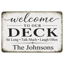 Load image into Gallery viewer, Personalized deck sign with custom family name and rustic welcome design
