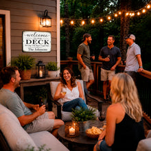 Load image into Gallery viewer, Personalized deck sign displayed during outdoor gathering with family and friends
