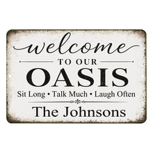 Load image into Gallery viewer, Personalized Oasis sign with custom family name and rustic farmhouse design

