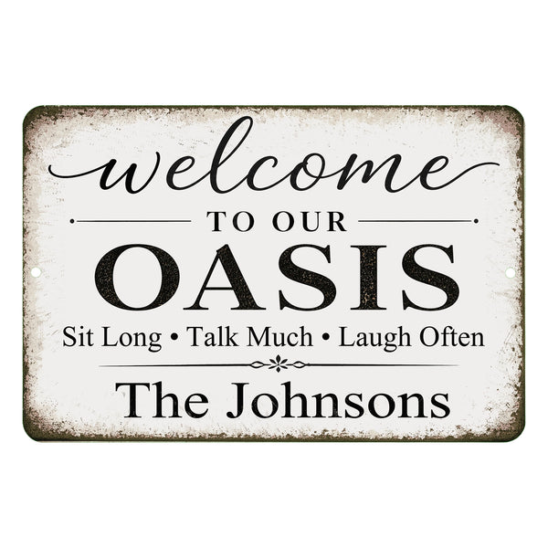 Personalized Oasis sign with custom family name and rustic farmhouse design