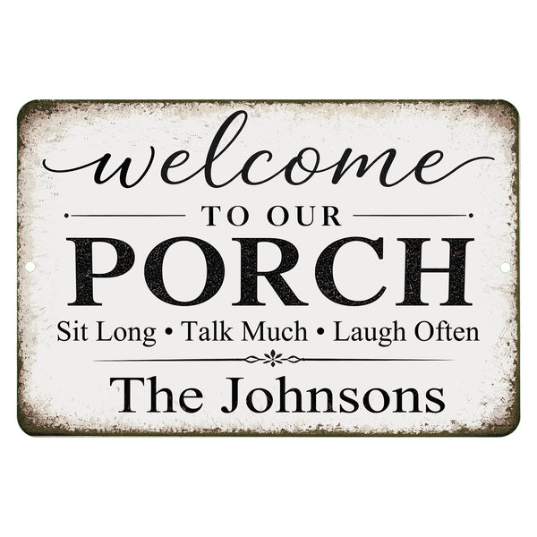 Personalized porch sign with custom family name and rustic farmhouse welcome design