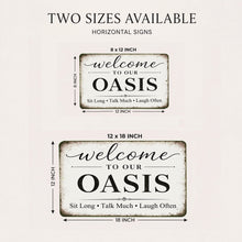 Load image into Gallery viewer, Two sizes of 'Welcome to our Oasis' signs with dimensions on a light background 8x12 and 12x18 sizes

