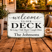 Load image into Gallery viewer, Personalized deck sign showing custom family name example
