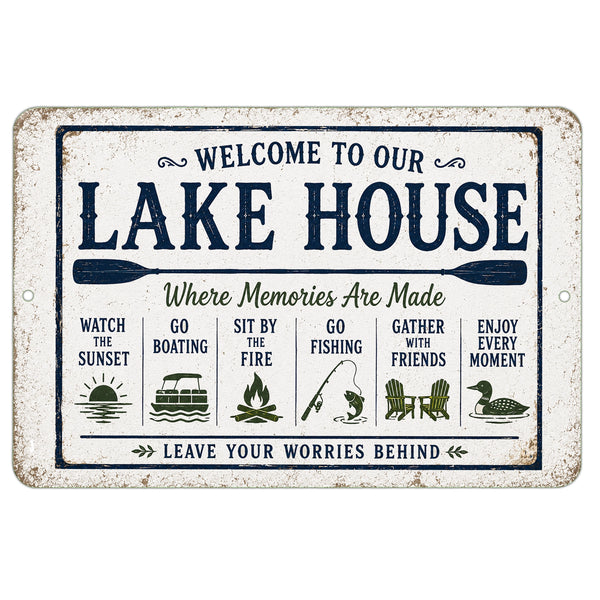 Welcome To Our Lake House metal sign with boating fishing campfire and waterfront artwork for cabins cottages and vacation homes