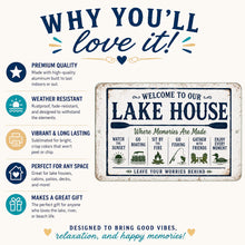 Load image into Gallery viewer, Welcome To Our Lake House metal sign highlighting durable aluminum construction indoor outdoor use and lake inspired design
