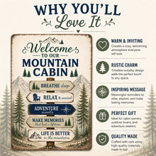 Load image into Gallery viewer, Why You'll Love It feature graphic highlighting benefits of the Welcome To Our Mountain Cabin sign
