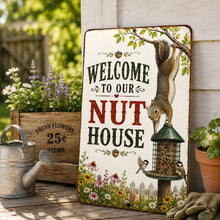 Load image into Gallery viewer, Funny squirrel garden sign displayed near bird feeder in backyard flower garden
