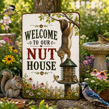 Load image into Gallery viewer, Rustic squirrel decor sign displayed in cottage garden with flowers and wildlife accents
