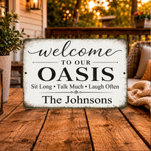 Load image into Gallery viewer, Personalized Oasis sign displayed in cozy outdoor retreat with rustic decor
