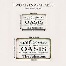 Load image into Gallery viewer, Personalized Oasis sign available in multiple sizes for indoor and outdoor display
