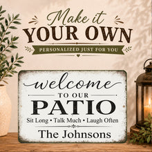 Load image into Gallery viewer, Personalized patio sign with decorative elements on a wooden surface.
