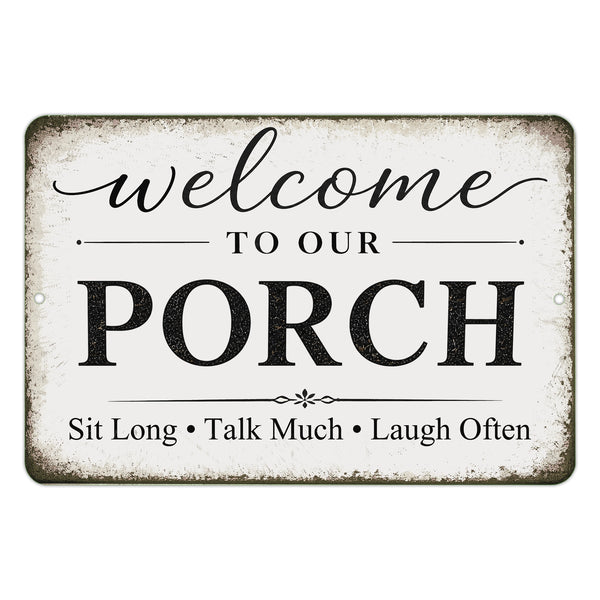 Rustic farmhouse porch welcome sign in distressed black and white aluminum wall decor style for front porches, patios, and outdoor entryway