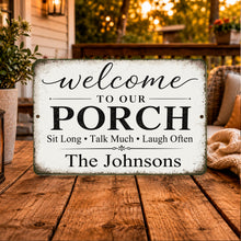 Load image into Gallery viewer, Custom family name porch sign displayed on outdoor porch seating area
