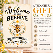 Load image into Gallery viewer, Bee-themed metal welcome sign presented with gift ideas for gardeners, honeybee enthusiasts, beekeepers, and farmhouse decor lovers.
