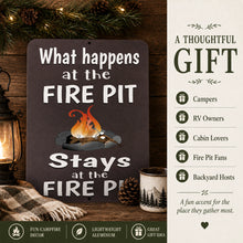 Load image into Gallery viewer, What Happens at the Fire Pit sign shown as a gift idea for campers, RV owners and fire pit lovers
