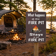 Load image into Gallery viewer, Funny fire pit metal sign displayed on a wooden stake at a campsite near a campfire
