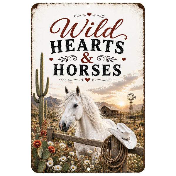Wild Hearts & Horses metal sign with white horse and rustic Western farmhouse design