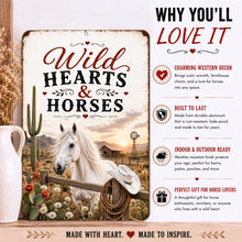 Load image into Gallery viewer, Wild Hearts &amp; Horses metal sign features and benefits infographic for horse lovers and Western decor
