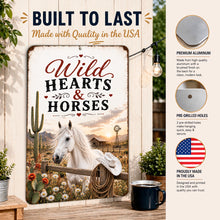 Load image into Gallery viewer, Wild Hearts &amp; Horses durable aluminum metal sign construction made in the USA and quality details infographic
