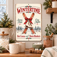 Load image into Gallery viewer, Winter farmhouse wall decor featuring old-fashioned ice skates, displayed in a welcoming kitchen with a coffee mug and natural wood accents.

