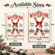 Load image into Gallery viewer, Vintage ice skates aluminum wall sign shown in 8 by 12 and 12 by 18 inch sizes with nostalgic red lettering and a winter-themed design.
