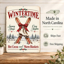 Load image into Gallery viewer, Rustic winter ice skating sign presented with North Carolina craftsmanship information and free shipping details.
