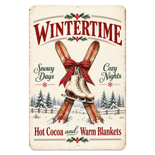 Load image into Gallery viewer, Vertical Wintertime metal wall sign with vintage ice skates tied with a red plaid bow and the phrases Snowy Days, Cozy Nights, Hot Cocoa and Warm Blankets.
