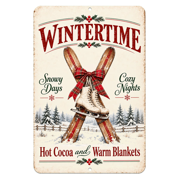 Vertical Wintertime metal wall sign with vintage ice skates tied with a red plaid bow and the phrases Snowy Days, Cozy Nights, Hot Cocoa and Warm Blankets.