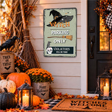 Load image into Gallery viewer, Witch Parking Only Halloween sign hanging beside a front door decorated with pumpkins, lanterns, mums, and spooky porch decor
