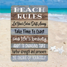 Load image into Gallery viewer, Dyenamic Art - Beach Rules Metal Sign – Coastal Inspirational Quote for Beach Lover
