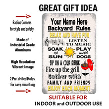 Load image into Gallery viewer, Dyenamic Art - Personalized Backyard Rules Metal Sign - Custom Name Decor with Quote
