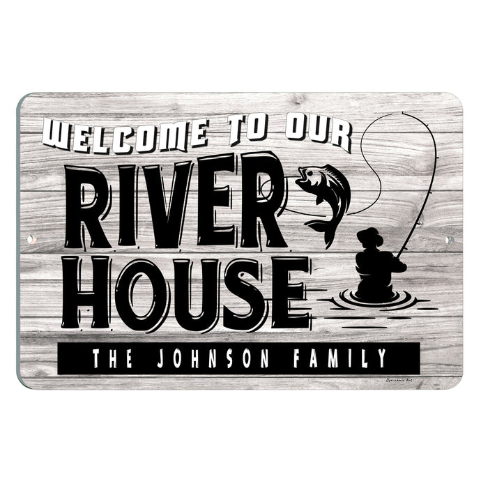 Dyenamic Art - Personalized River House Welcome Metal Sign - Custom Name Fishing Art