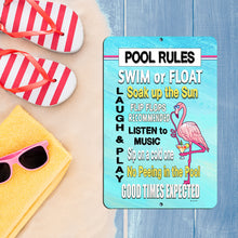 Load image into Gallery viewer, Dyenamic Art - Pool Rules Flamingo Metal Sign - Wall Art Pool Sayings
