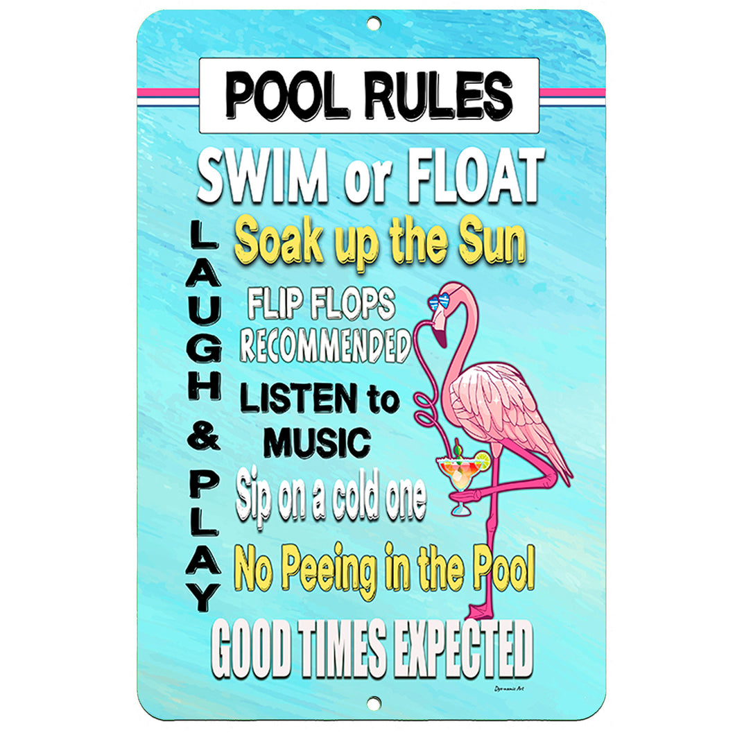 Dyenamic Art - Pool Rules Flamingo Metal Sign - Wall Art Pool Sayings