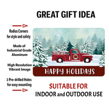 Load image into Gallery viewer, Dyenamic Art = Red Truck Snow Scene Metal Sign - Happy Holidays Quote Decoration
