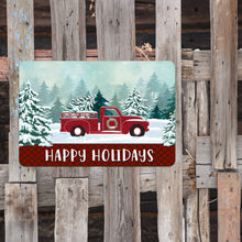 Load image into Gallery viewer, Dyenamic Art = Red Truck Snow Scene Metal Sign - Happy Holidays Quote Decoration
