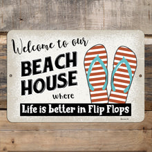 Load image into Gallery viewer, welcome to our beach house metal sign - Life is better in flip flops quote - Dyenamic Art
