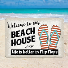 Load image into Gallery viewer, welcome to our beach house metal sign - Life is better in flip flops quote - Dyenamic Art
